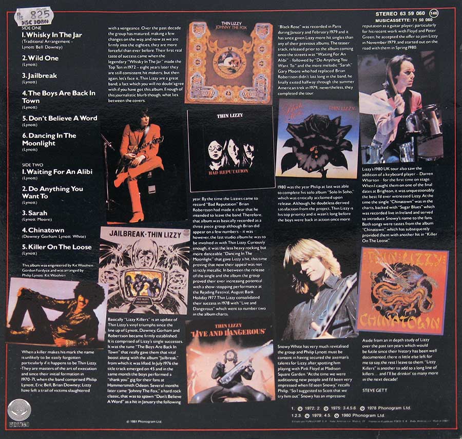 THIN LIZZY - Lizzy Killers Vertigo Records 12" Vinyl LP Album back cover