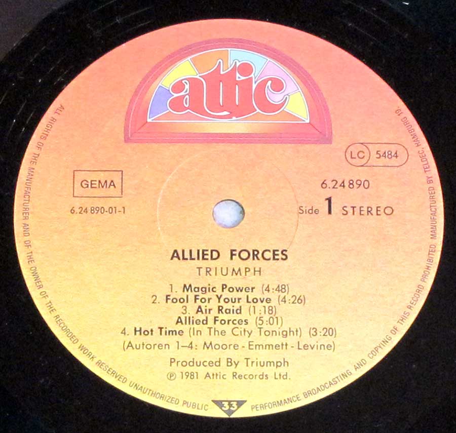 Close up of record's label TRIUMPH - Allied Forces 12" LP Vinyl Album Side One
