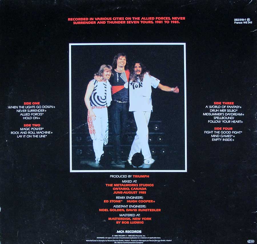 TRIUMPH - Stages Gatefold Cover 2LP 12" Vinyl LIVE ALBUM
 back cover