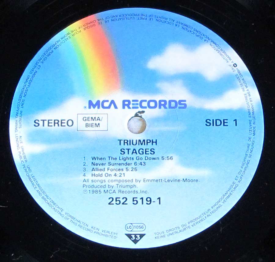 Close up of Side One record's label TRIUMPH - Stages Gatefold Cover 2LP 12" Vinyl LIVE ALBUM
