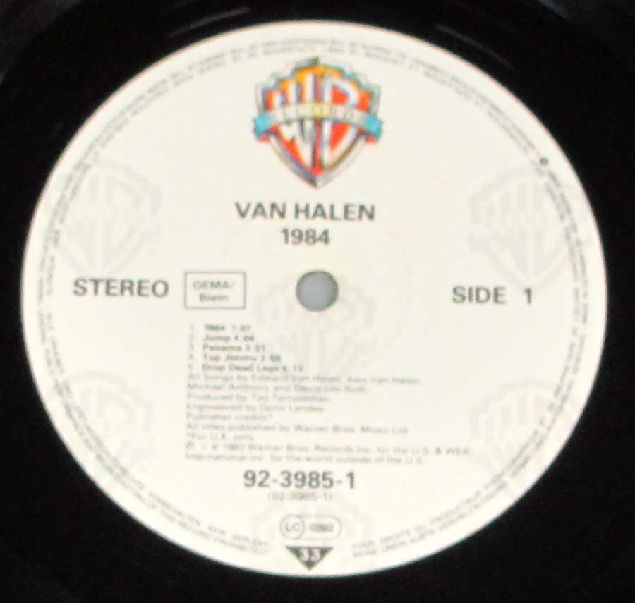 Close up of record's label VAN HALEN - 1984 German Release 12" Vinyl LP Album Side One