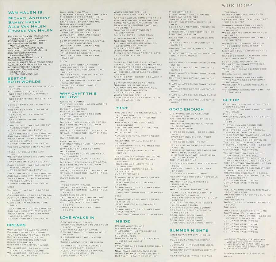 VAN HALEN - 5150 German Release 12" LP Vinyl Album custom inner sleeve