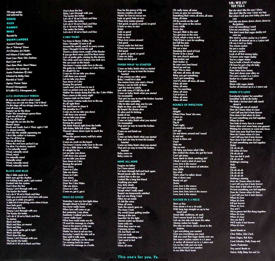 Photo Two of the original custom inner sleeve  VAN HALEN - OU812 12" LP Vinyl Album
