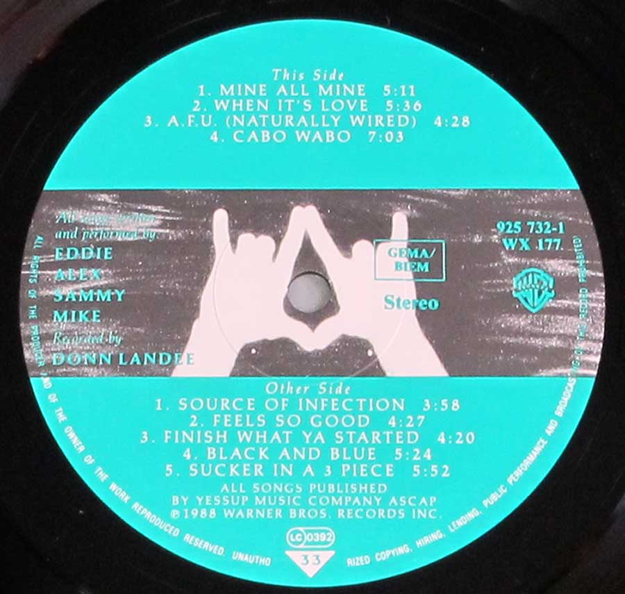 Close up of record's label VAN HALEN - OU812 12" LP Vinyl Album Side One