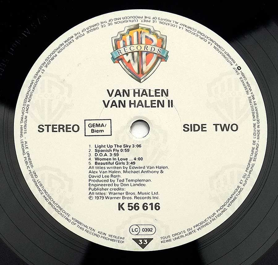 VAN HALEN - Van Halen II 12" Vinyl LP Album enlarged record label