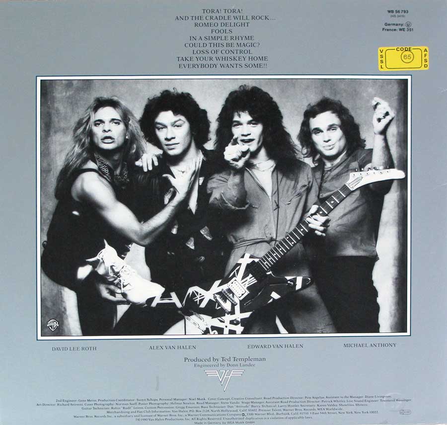 VAN HALEN - Women And Children German Release 12" Vinyl LP Album album back cover