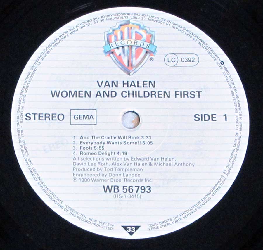 VAN HALEN - Women And Children German Release 12" Vinyl LP Album enlarged record label