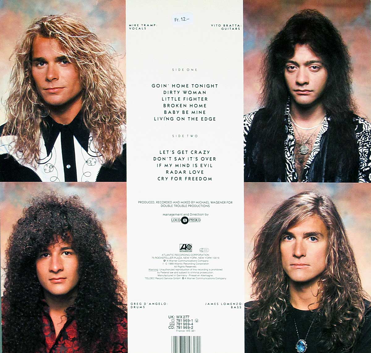 Back cover of White Lion’s ‘Big Game’ album featuring individual portraits of band members Mike Tramp, Vito Bratta, Greg D’Angelo, and James Lomenzo, along with the tracklist, production credits, and record label details