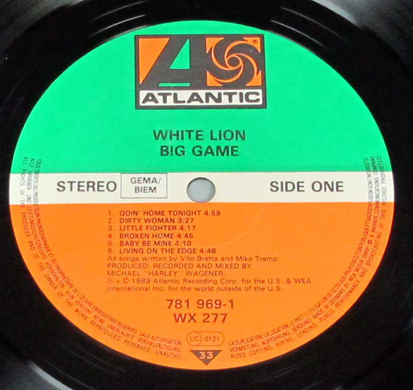 Atlantic Records label for White Lion’s ‘Big Game’ album featuring the Atlantic logo, album title, side one designation, and production credits