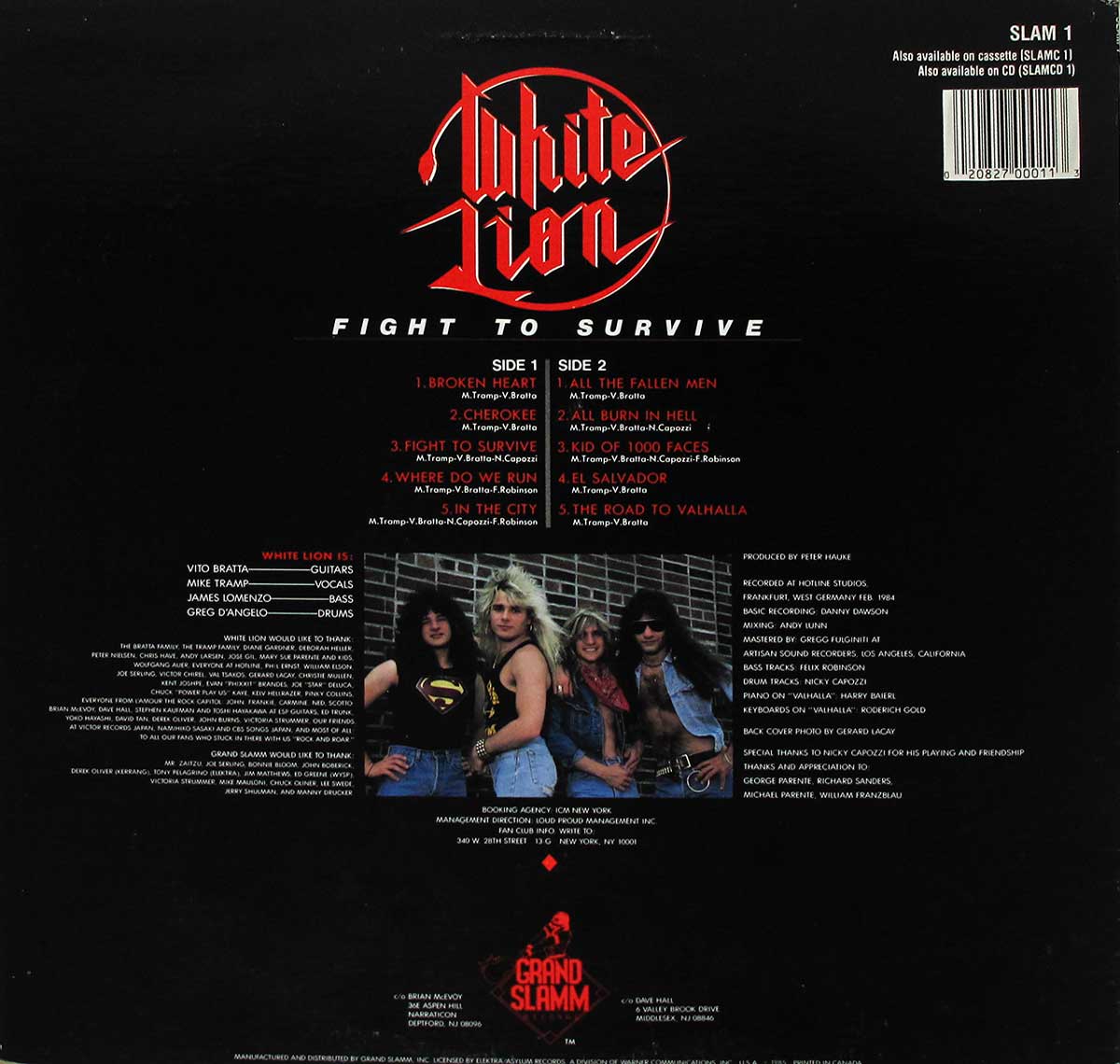 Back cover of White Lion’s Fight to Survive album featuring a group photo of the band members—Vito Bratta, Mike Tramp, James Lomenzo, and Greg D’Angelo—in 1980s glam metal attire, with the album’s tracklist, credits, and Grand Slamm Records logo displayed around the image