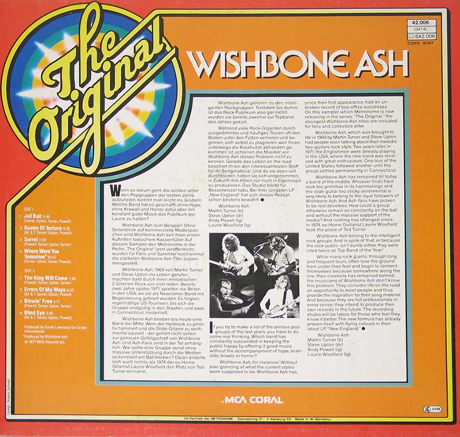WISHBONE ASH - The Original Wishbone Ash 12" Vinyl LP Album
 back cover