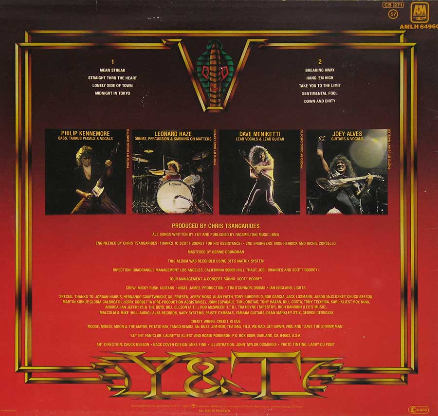 Y&T - Mean Streak - Heavy Metal 12" Vinyl LP Album
 back cover