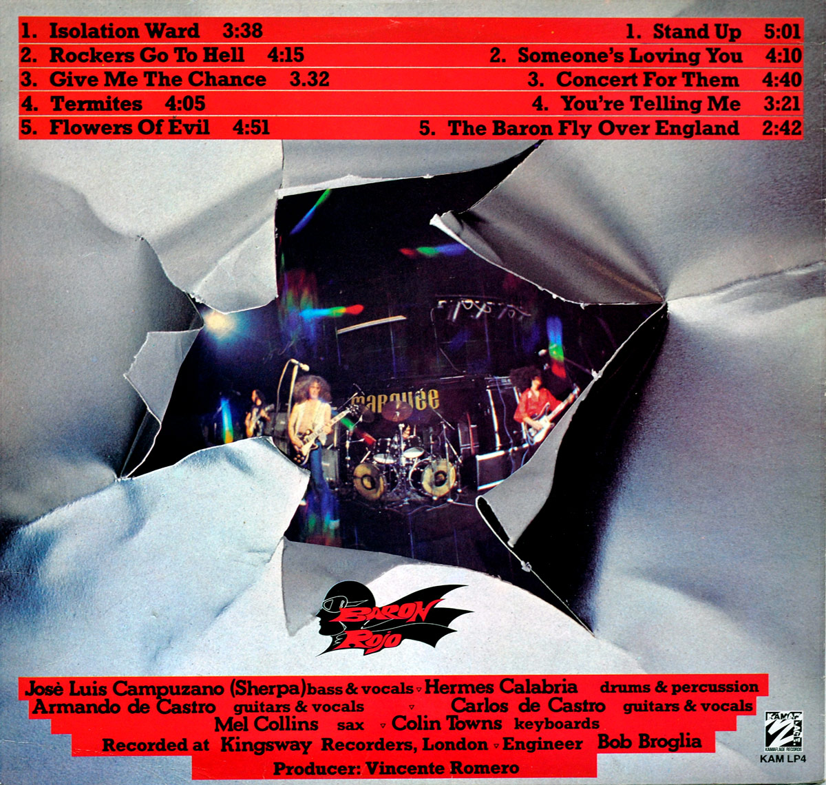 The back cover of Barón Rojo’s 1982 album Volumen Brutal presents a powerful visual continuation of the front design. The metallic background appears torn open once again, revealing a live performance photo of the band in action on stage at The Marquee, London. The torn metal edges create a dynamic frame, as if the music itself has ripped through the cover to expose the energy beneath. At the top, bold red panels list all ten tracks, divided neatly into two columns for each side of the record, complete with song durations. The names of the musicians—José Luis Campuzano (Sherpa) on bass and vocals, Armando and Carlos de Castro on guitars and vocals, Hermes Calabria on drums, and guest players Mel Collins on saxophone and Colin Towns on keyboards—are printed below in striking red type. Credits note Kingsway Recorders, London, with engineer Bob Broglia and producer Vicente Romero. At the bottom right appear the logos of Kamaflage Records and the catalog number KAM LP4, anchoring the design with clear authenticity. The overall composition blends industrial imagery with live energy, embodying the spirit of early 1980s heavy metal.