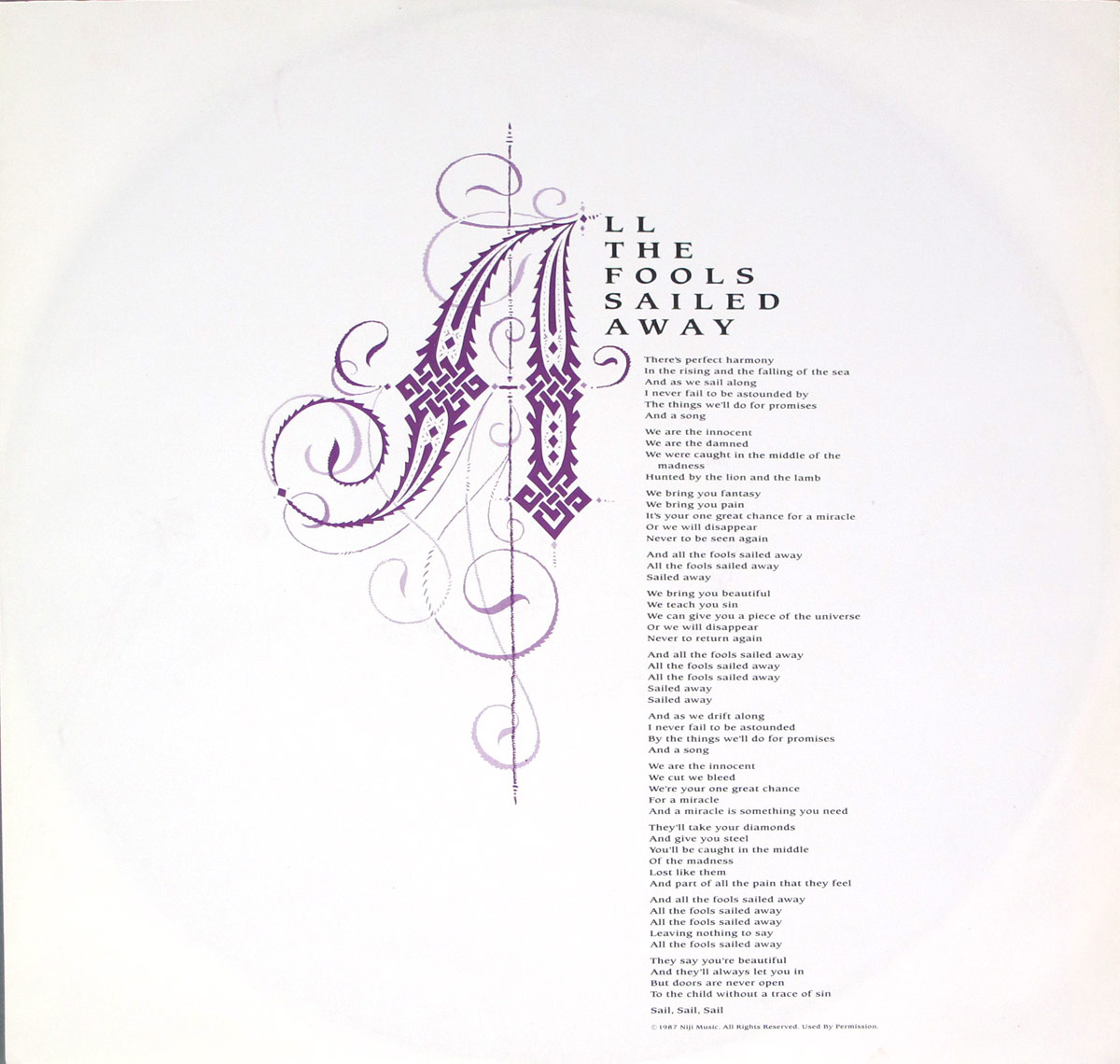 Second custom inner sleeve of DIO Dream Evil featuring the lyrics to 'All the Fools Sailed Away' in a structured format. The text is black on a white background, with an ornate, purple gothic-styled letter 'A' decorated with intricate swirling patterns on the left side.