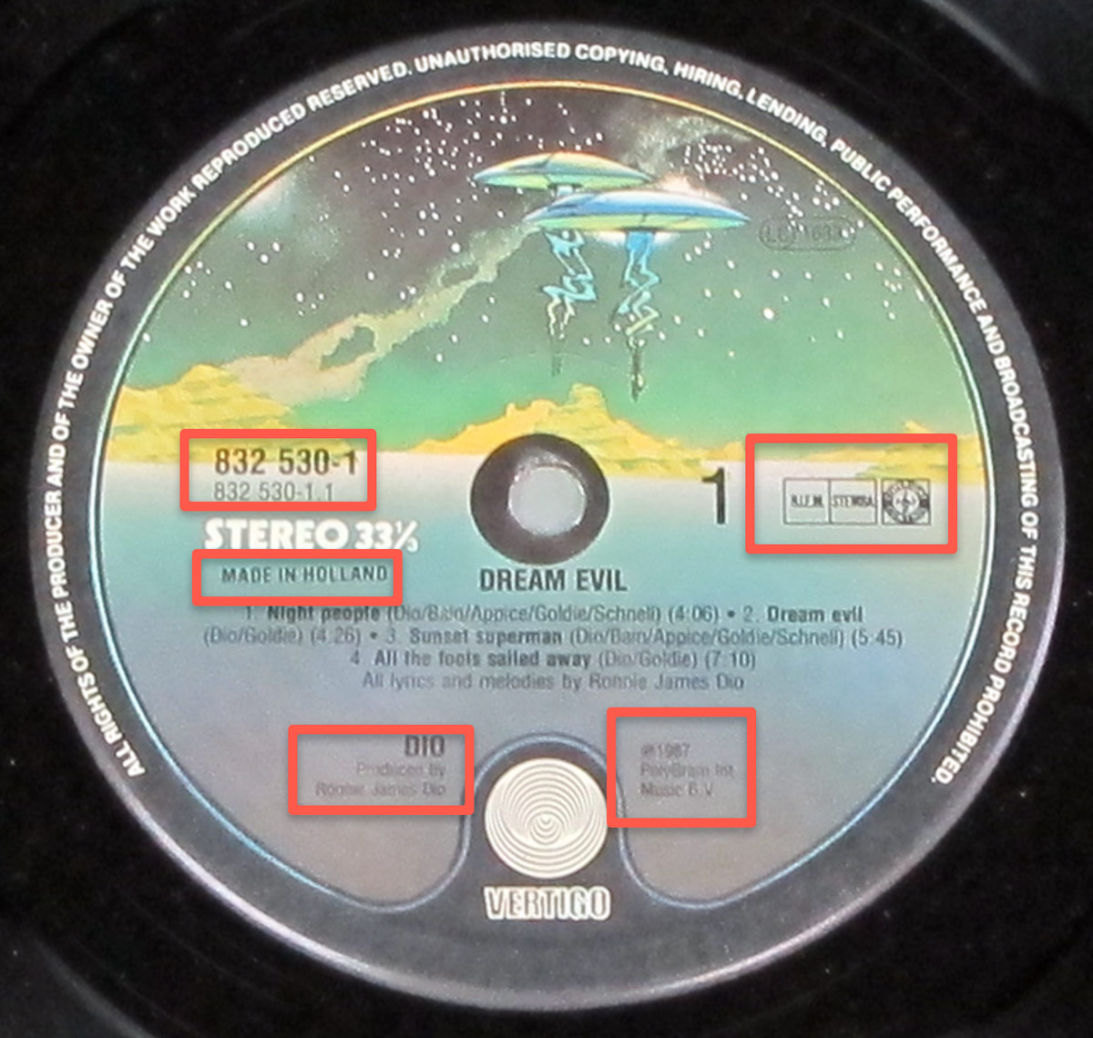 Close-up of Side One label of DIO Dream Evil LP, featuring a space-themed design with futuristic UFOs in the sky. The label includes the album title, tracklist, production credits, and Vertigo logo, with text such as 'Made in Holland,' catalog number 832 530-1, and producer credit to Ronnie James Dio.