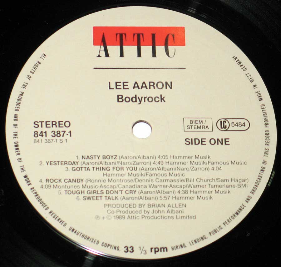 Close up of record's label LEE AARON- Bodyrock - Female fronted hard rock , Heavy Metal 12" Vinyl LP Album Side One
