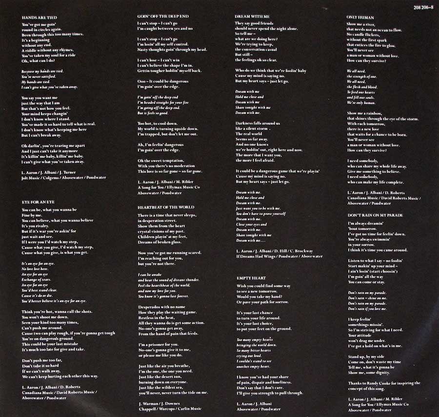 Photo Two of the original custom inner sleeve  LEE AARON - Self-Titled 1987 12" LP Vinyl Album