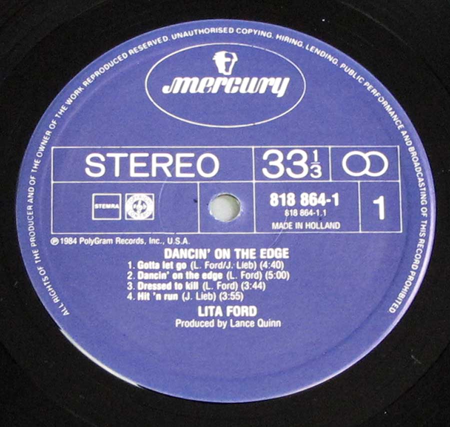 "Dancin' On The Edge" Record Label Details: Blue Colour MERCURY 818 864-1, Made in Holland ℗ 1984 Polygram Records, Inc, USA Sound Copyright 