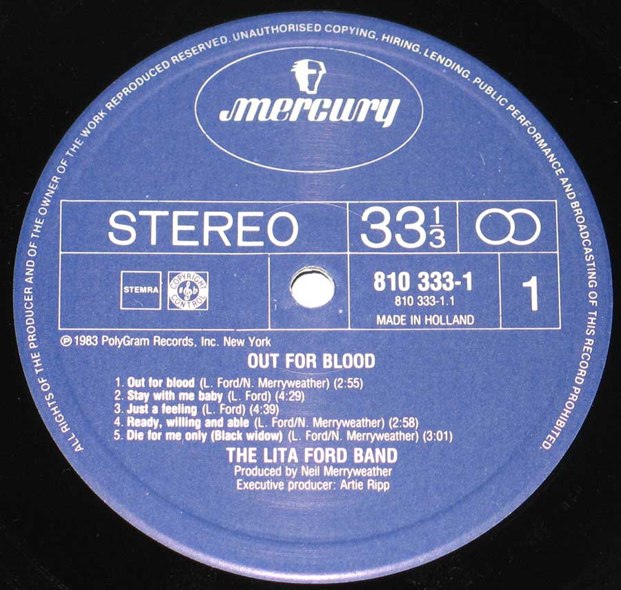 Close up of Side One Lita Ford - Out For Blood 