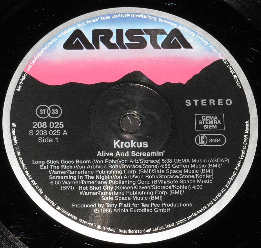 Close up of Side One record's label KROKUS - Alive And Screamin' Photo Sleeve 12" Vinyl LP Album