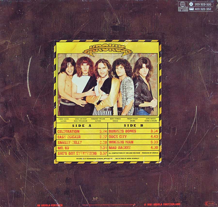 KROKUS - Hardware Incl Custom Inner Sleeve Holland Import 12" LP Vinyl Album back cover