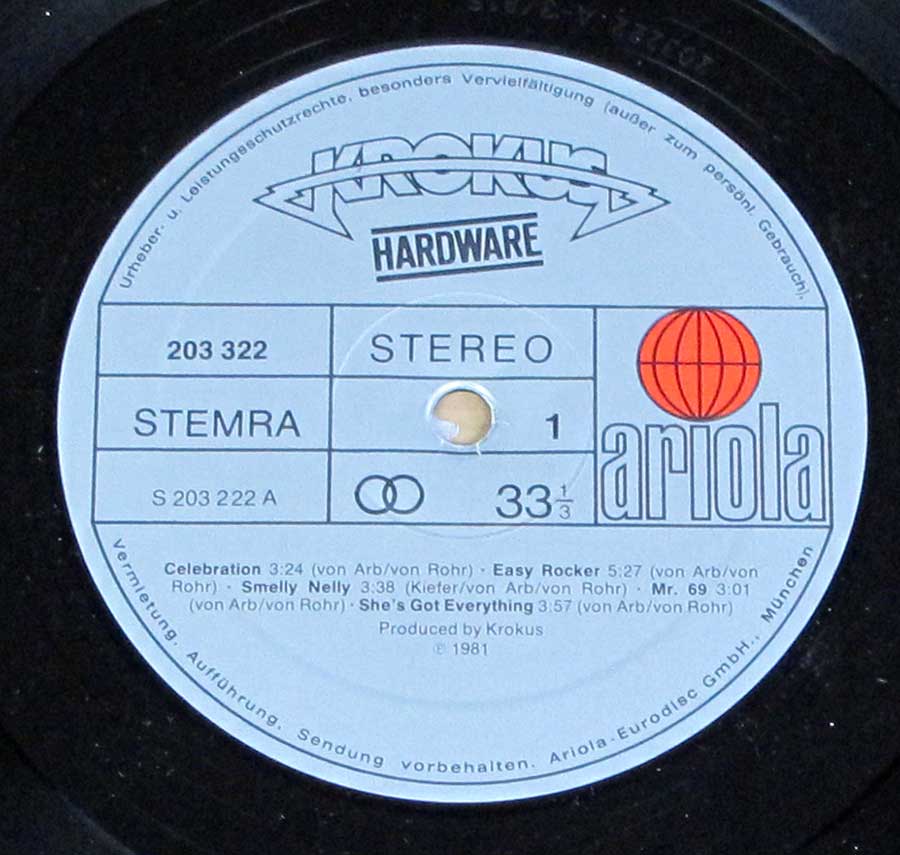 "Hardware" Light Blue Colour Ariola Record Label Details: ARIOLA 203 322 ℗ 1981 Sound Copyright 