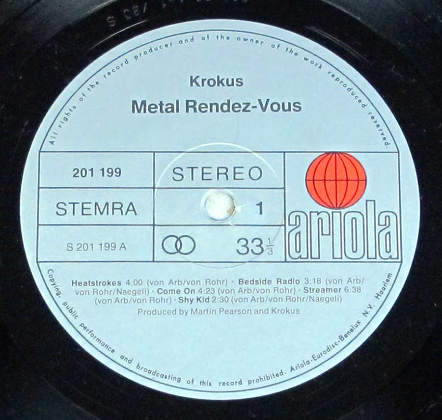 Close up of Side One record's label KROKUS - Metal Rendez-Vous Netherlands Release 12" Vinyl LP Album