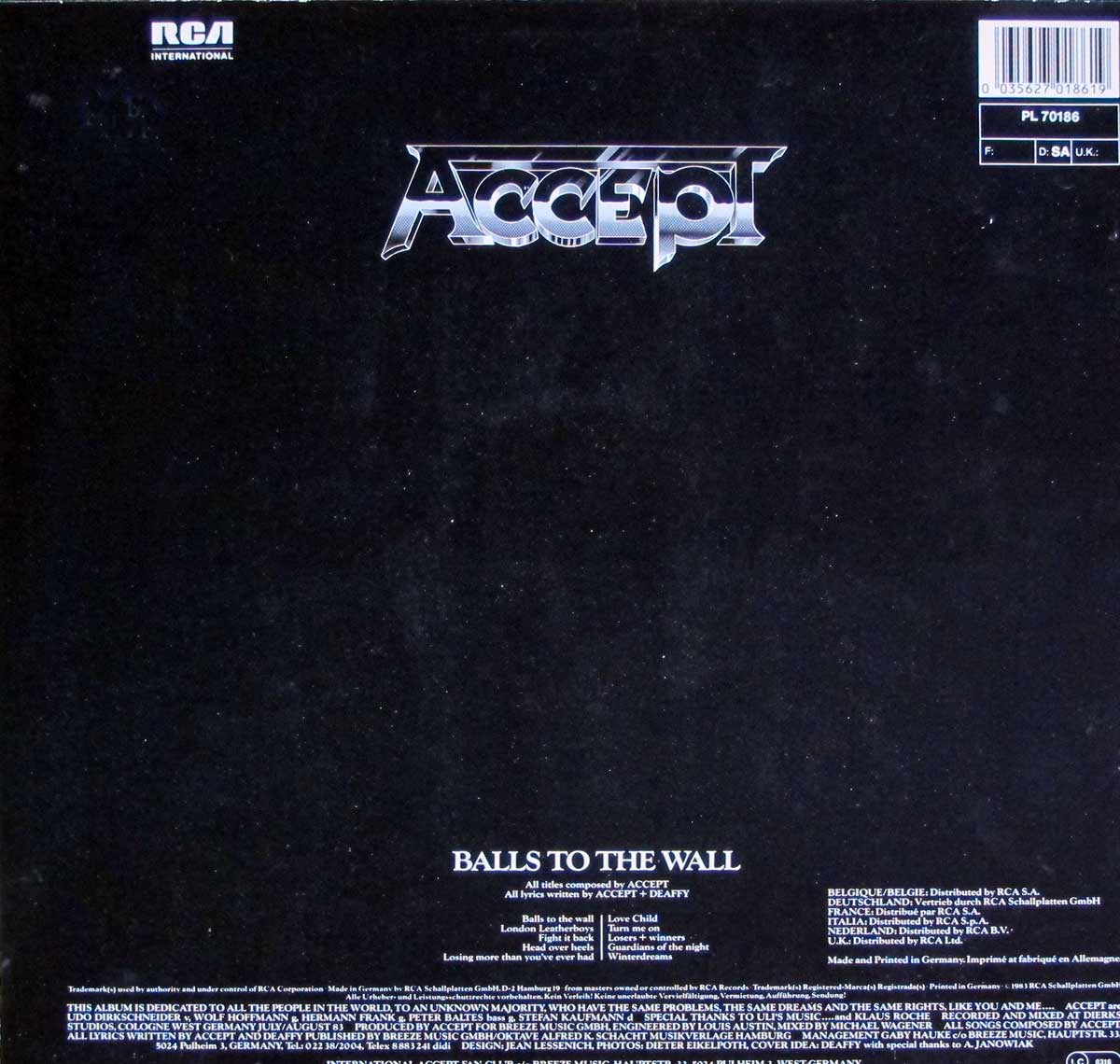 Photo of album back cover ACCEPT - Balls To The Wall 
