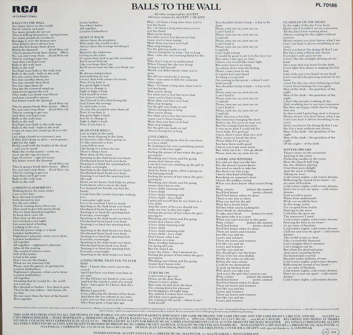 Photo of album back cover ACCEPT - Balls To The Wall 