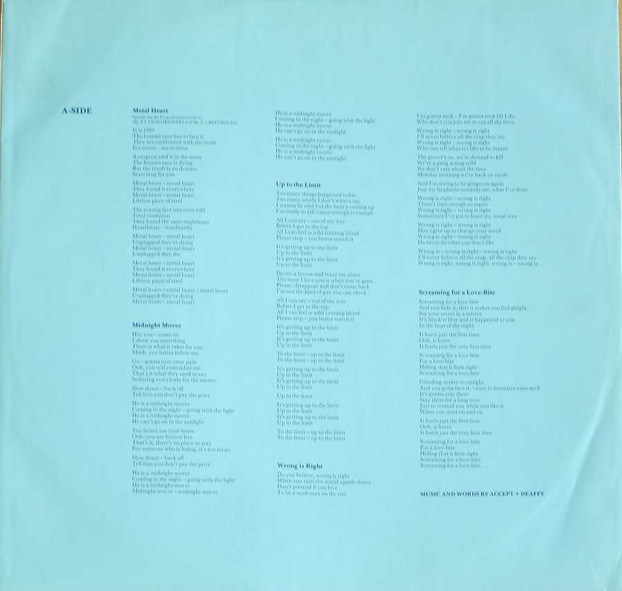 Photo of album back cover ACCEPT - Metal Heart 