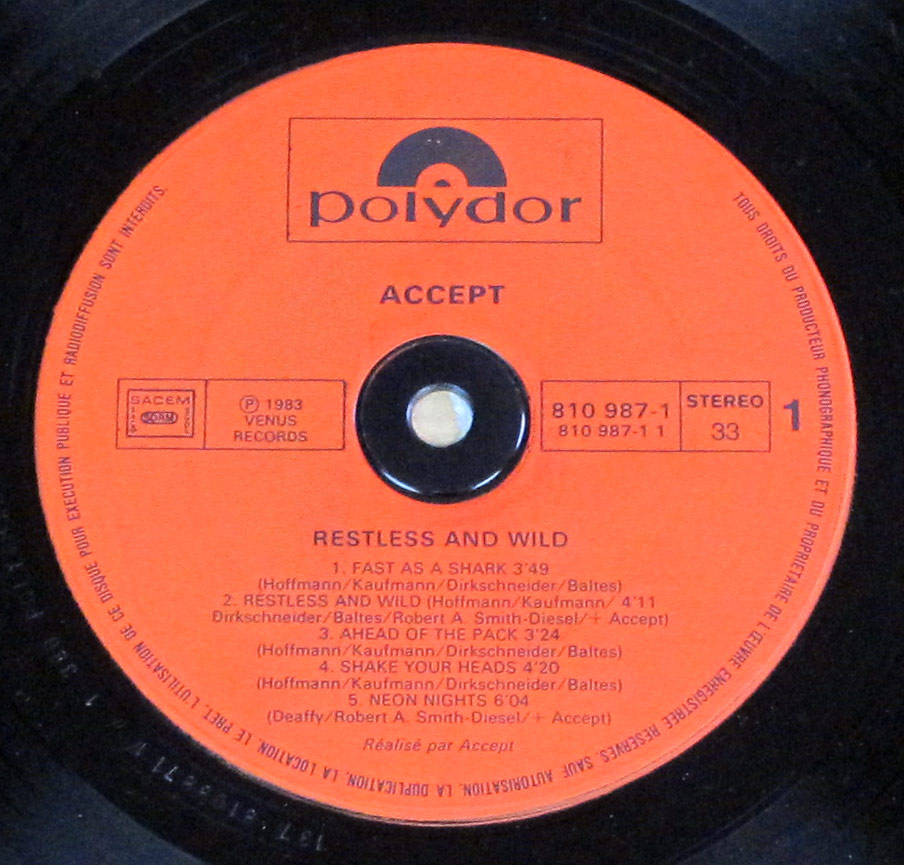 Close-up  Photo of "ACCEPT - Restless and Wild" the Red Polydor Record Label