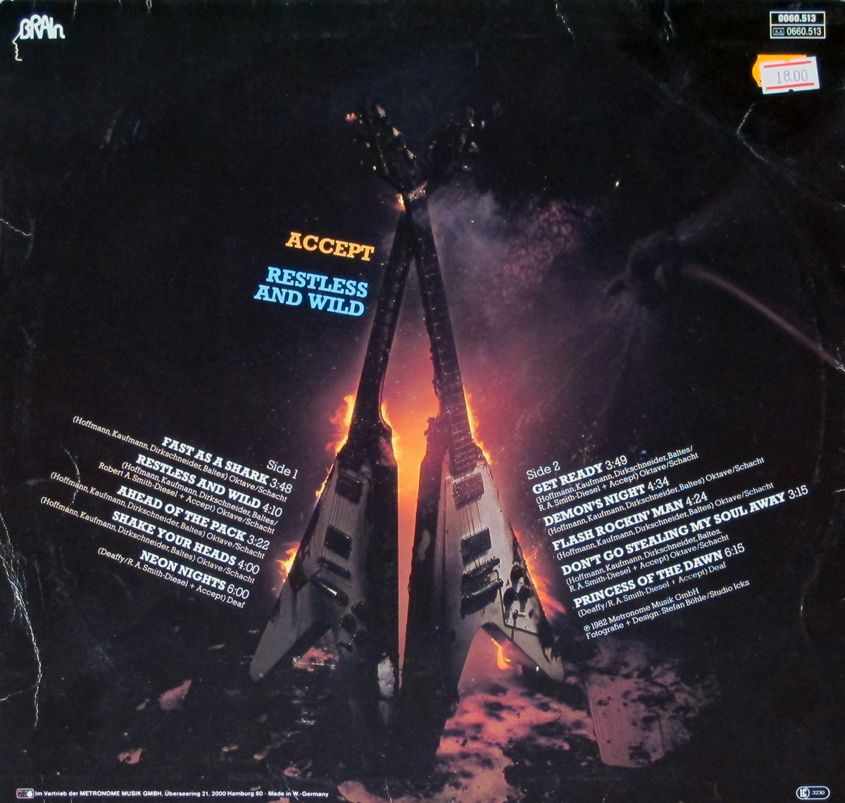 Close-up of Black "BRAIN" Record Label with catalognr 0060.51 of the album "Restless and Wild" by Krokus  