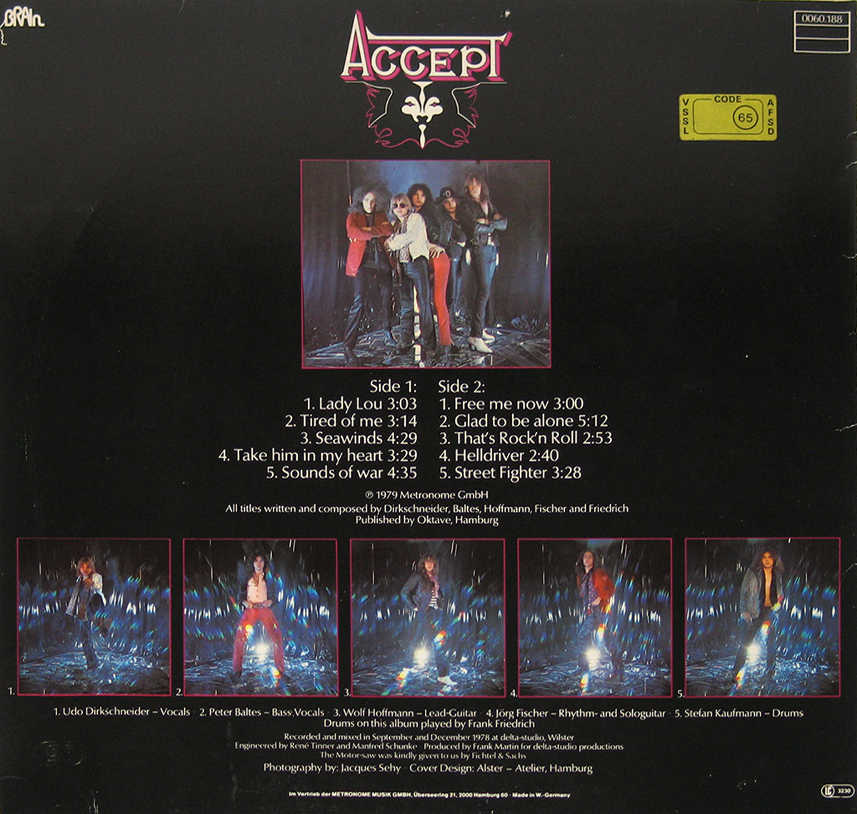 Back cover of Accept's self-titled 1979 vinyl LP on Brain Records, featuring tracklist, band logo, group photo, individual portraits of each band member, and production credits.