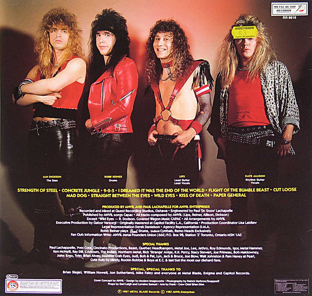 Back cover of Anvil's 'Strength of Steel' album. The four band members pose against a dark background, dressed in 1980s heavy metal attire, with bold hairstyles and leather outfits. Below, the tracklist and production credits are displayed in yellow text.