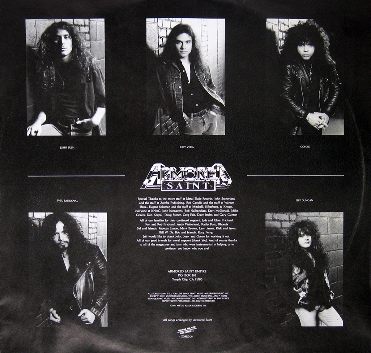 Inner sleeve of Armored Saint's 'Symbol of Salvation' album. Features five black-and-white portrait photographs of band members arranged in a grid format, with their names below. The band's logo is prominently displayed in the center, followed by a block of special thanks and credits in white text against a black background. Additional text at the bottom includes the band's contact information and copyright details.