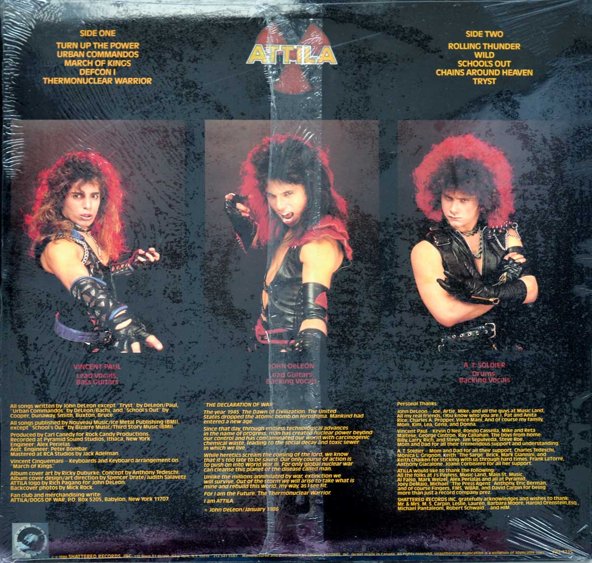 The back cover of ATTILA - Rolling Thunder (USA) features a black background with three band members, each in a separate portrait striking aggressive poses. They are clad in black leather outfits with red accents and studded accessories. The top features the tracklist in yellow text, split into Side One and Side Two. Below the band members, text sections provide credits, lyrics, and acknowledgments, formatted in yellow font. The band's name, ATTILA, is at the top center with a red radiation hazard symbol behind it.