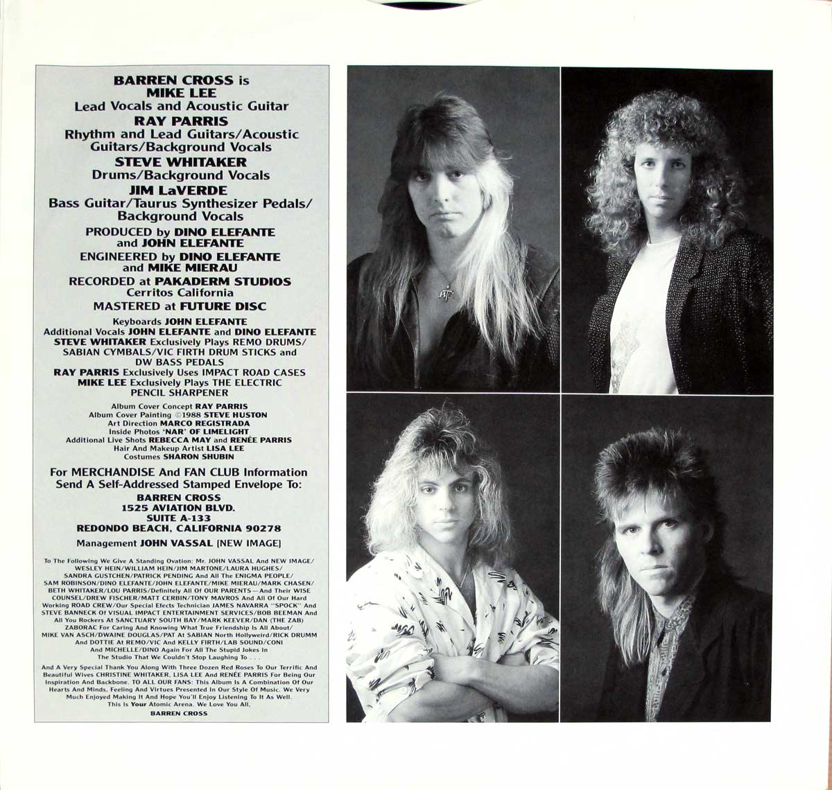 4 Photos of the "Barren Cross" band-members on the Inner Sleeve   of "BARREN CROSS - Atomic Arena " Album