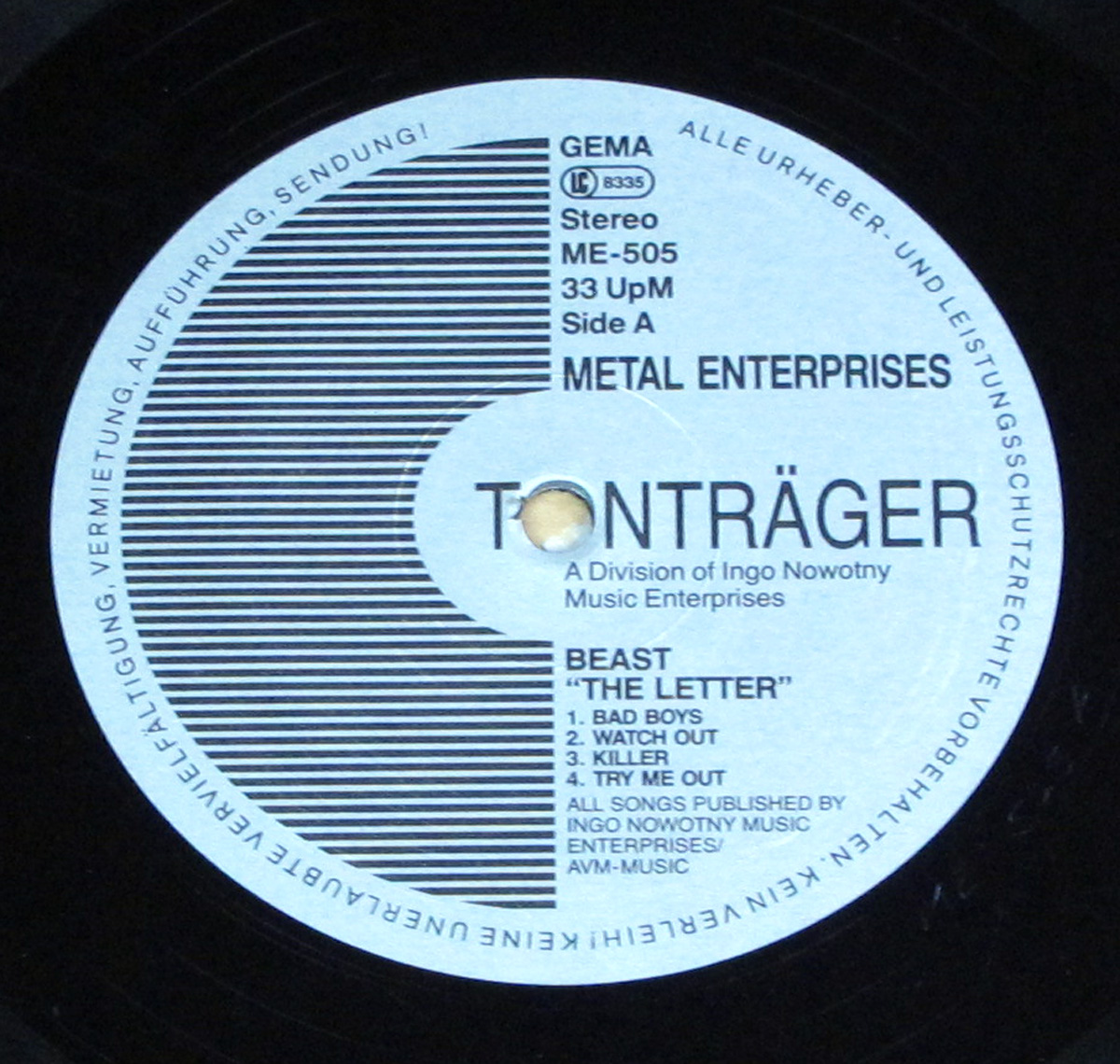 Record label for BEAST - The Letter, featuring the TONTRÄGER logo, track listing for Side A, and Metal Enterprises branding with black-and-white stripe design