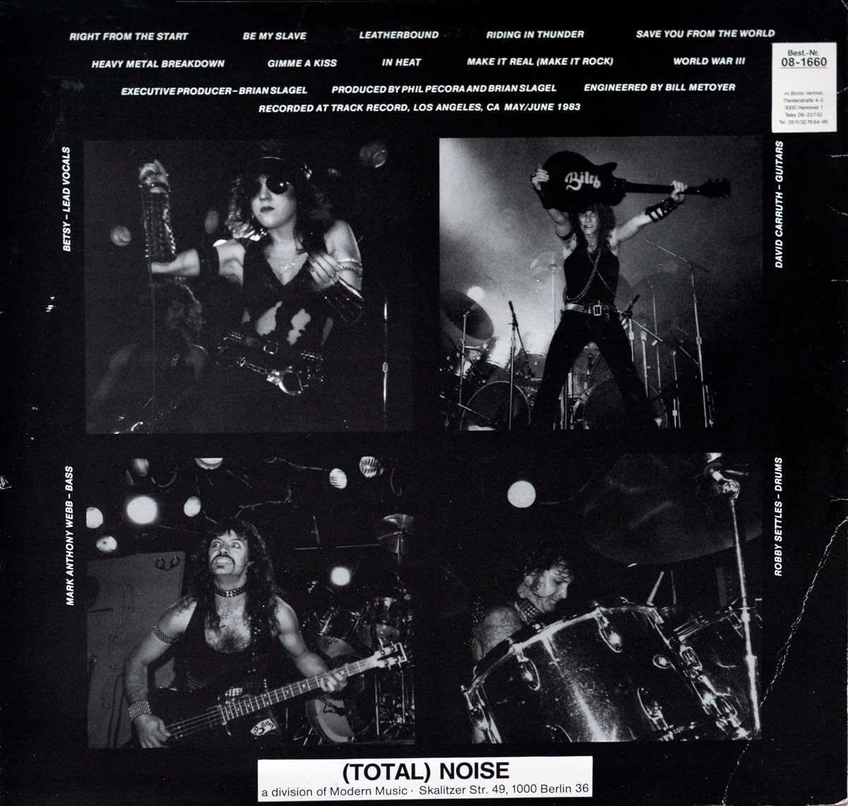 Back cover of BITCH - Be My Slave album. Features a black-and-white collage of live performance photos of band members, with Betsy Bitch on vocals, David Carruth on guitar, Mark Anthony Webb on bass, and Robby Settles on drums. The tracklist and production credits are displayed in bold white text against a black background.