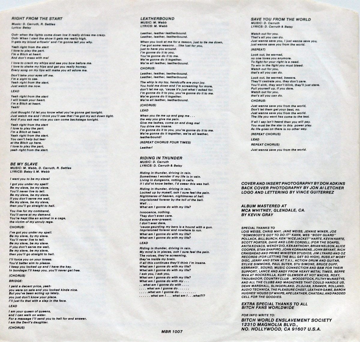 Second lyrics sheet of BITCH - Be My Slave album. This black-and-white printed inner sleeve features song lyrics for tracks like 'Right From The Start,' 'Be My Slave,' 'Leatherbound,' 'Riding in Thunder,' and 'Save You From The World.' The text is formatted in columns with credits and a special thanks section.