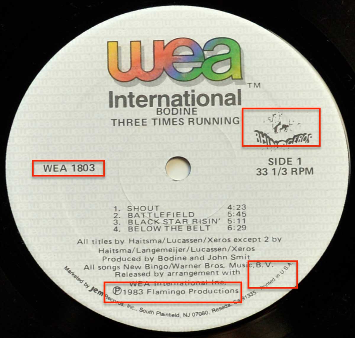 Close up of the White WEA International record's label 