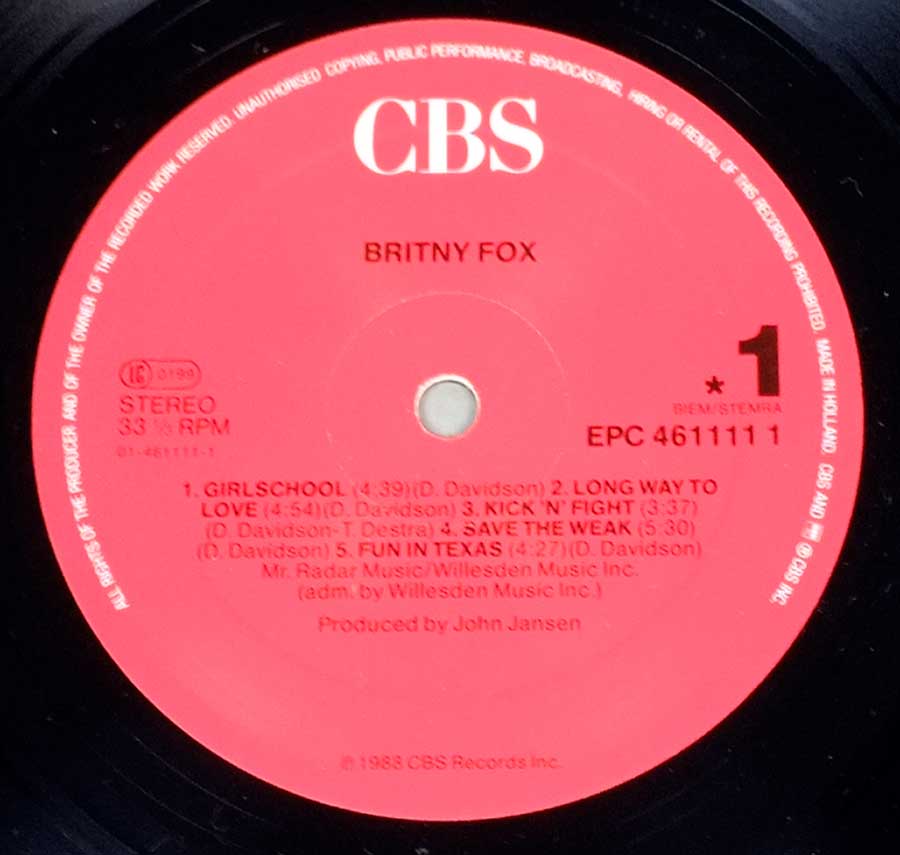 "Britney Fox" Red Colour Record Label Details: CBS EPC 461111, Made in Holland 