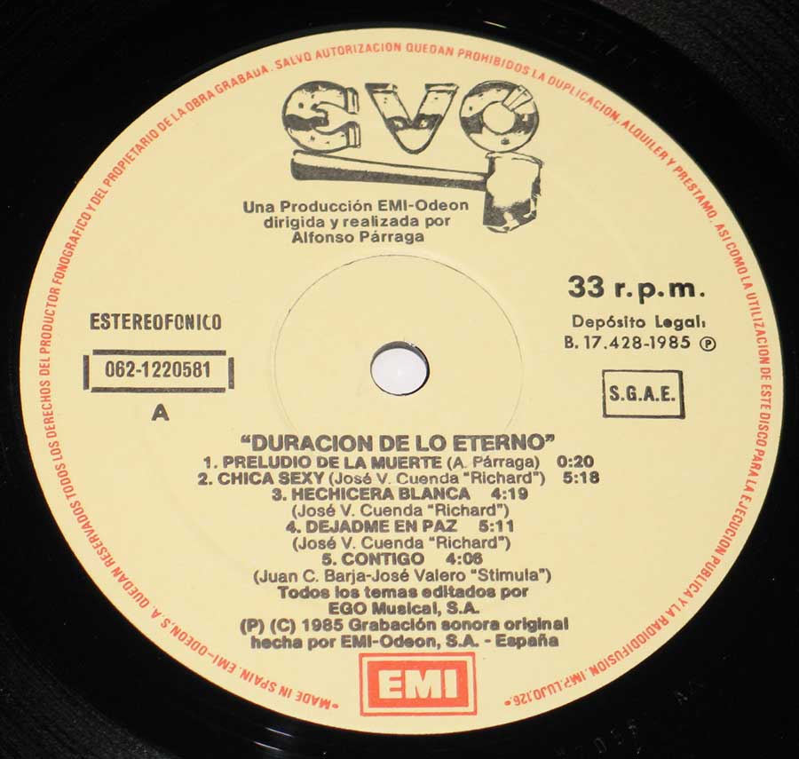 Close up of Side One record's label EVO - Duracion De Lo Eterno - Megarare Spanish Heavy Metal 12" Vinyl LP Album
