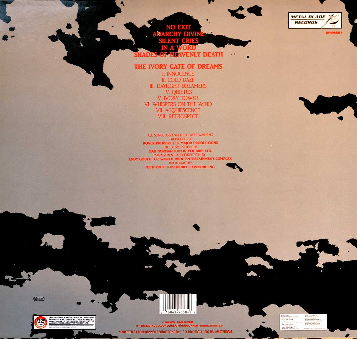 The back cover of Fates Warning's 'No Exit' features a textured beige background with black, irregularly shaped patches resembling decayed paint or burnt material. The album's tracklist is centered in red capital letters, with the suite 'The Ivory Gate of Dreams' divided into eight sections. At the top right corner is the Metal Blade Records logo with the 'Blood Dripping Axe.' Additional credits and a barcode appear at the bottom.