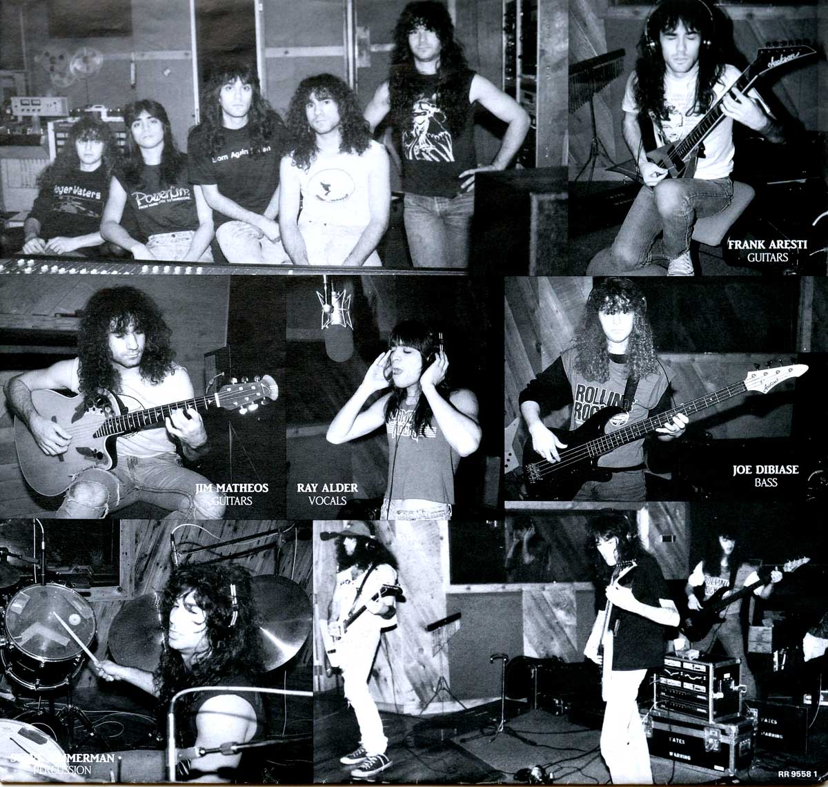 Black and white collage of Fates Warning band members inside the recording studio. The images depict the band in various moments: a group shot, Jim Matheos on acoustic guitar, Ray Alder singing into a microphone, Frank Aresti playing an electric guitar, Joe DiBiase on bass, and Steve Zimmerman at the drum kit. Additional candid shots show the band rehearsing together.