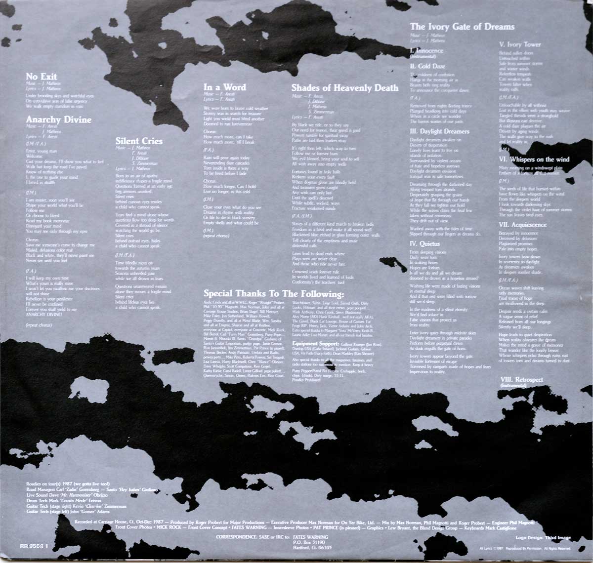 High Resolution Photo  of the  Original Custom Inner Sleeve (OIS) #2 of FATES WARNING No Exit https://vinyl-records.nl