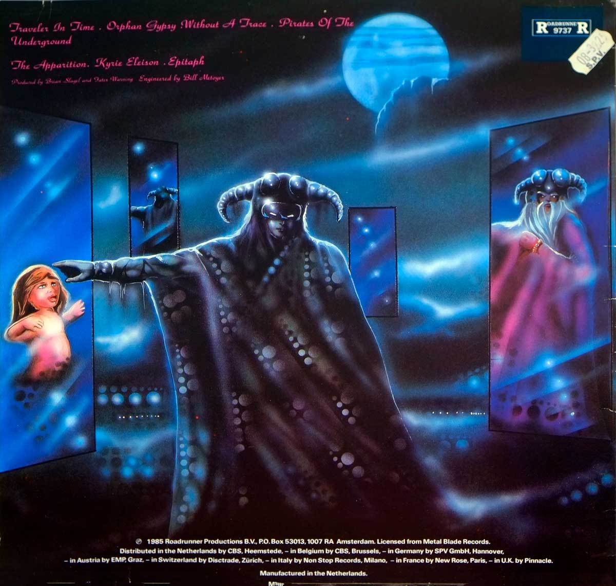 Back cover of 'Fates Warning - The Spectre Within' featuring a cloaked, horned figure extending an ominous hand towards a frightened child, with eerie portals reflecting alternate versions of the same entity, all set against a dark, mystical landscape illuminated by a glowing blue moon. Tracklist and production credits are displayed at the top. https://vinyl-records.nl