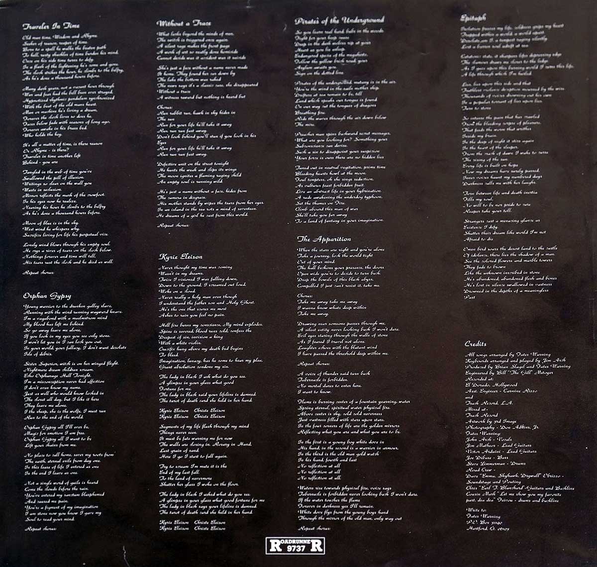 Inner sleeve of 'Fates Warning - The Spectre Within,' displaying handwritten-style white lyrics for all album tracks on a dark background, along with album credits at the bottom. https://vinyl-records.nl