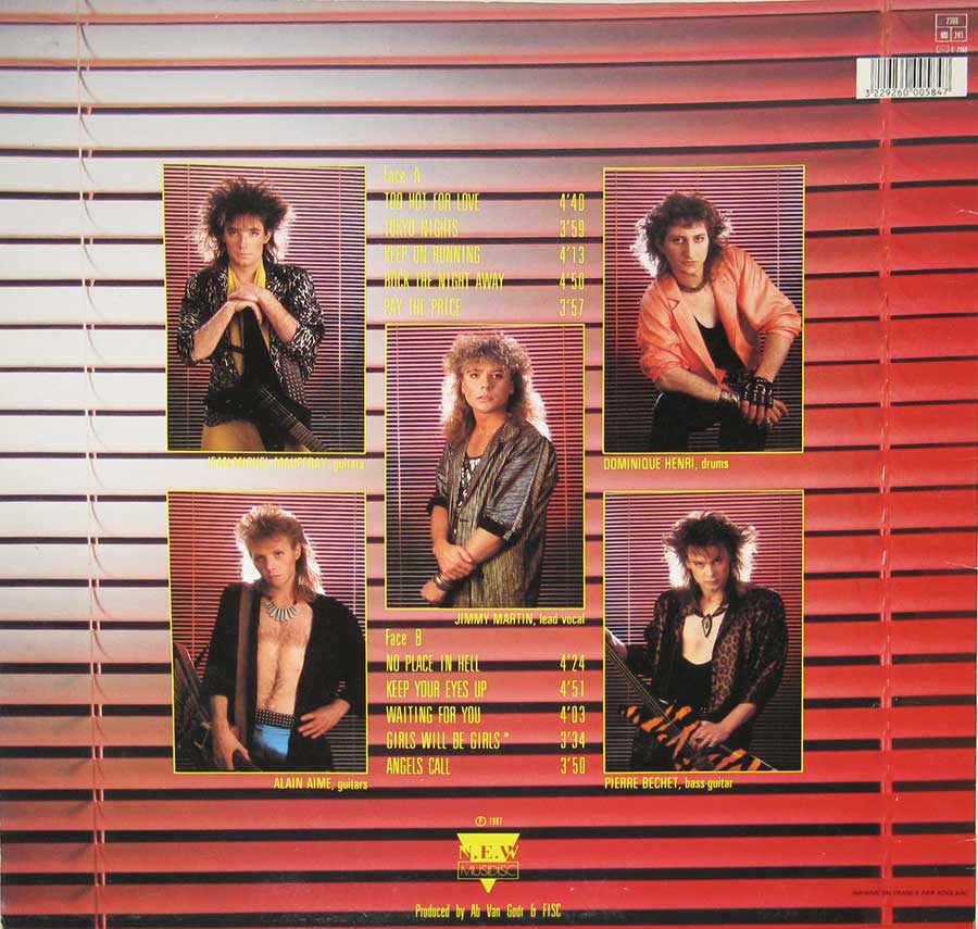 Five photos of Fisc band-mbers on the Back Cover  Photo of "FISC Too Hot For Love" Album 