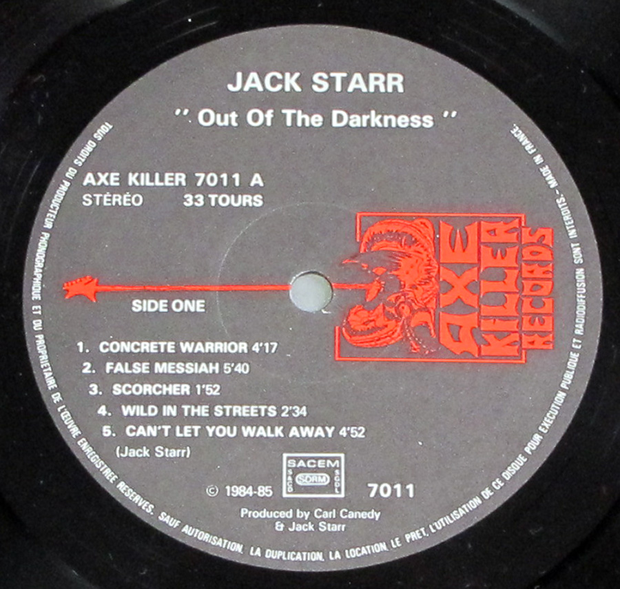 Close up of record's label JACK STARR - Out Of The Darkness From France 12" LP Vinyl Album Side One